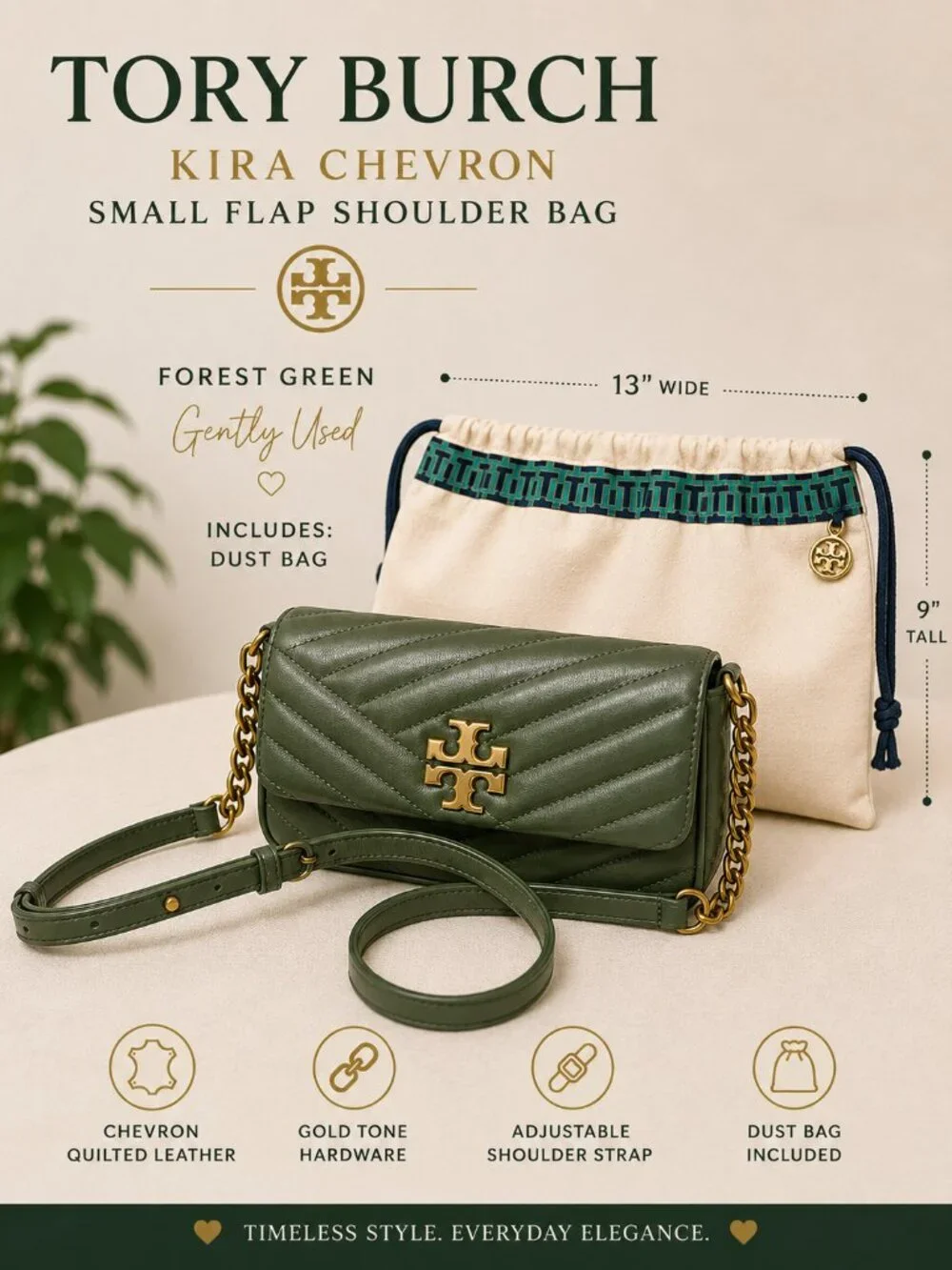 Tory Burch Kira Chevron Small Flap Shoulder Bag Forest Green Leather
